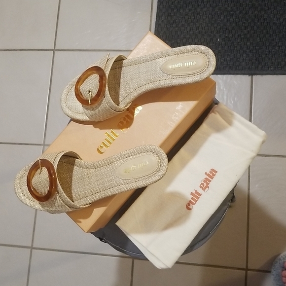 💕CULT GAIA💕 Nelly Sandal Tan Natural Raffia Open Toe Mule Low Heel 60s 39 NWT - Picture 12 of 16